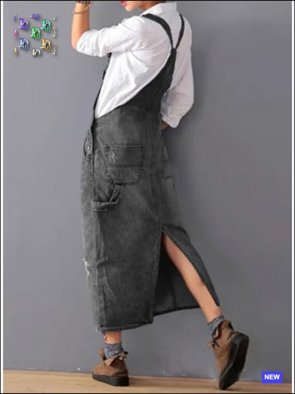 Adjustable Strap Distressed Denim Overall Dress A-Line Pinafore Jean Dress with - Picture 3 of 6